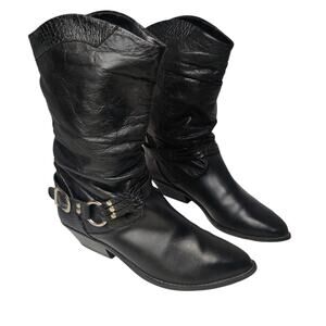 Leather Craft Slouchy Black Leather Croc Embossed Boho Western Cowgirl Boots 8
